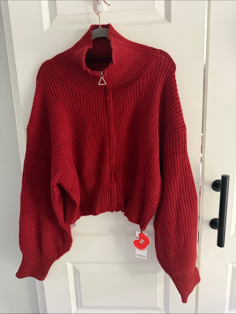 Burgundy Red Cropped Zip-Front Knit Sweater